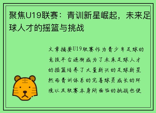 聚焦U19联赛：青训新星崛起，未来足球人才的摇篮与挑战